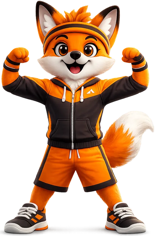 Foxy celebrating with both arms raised