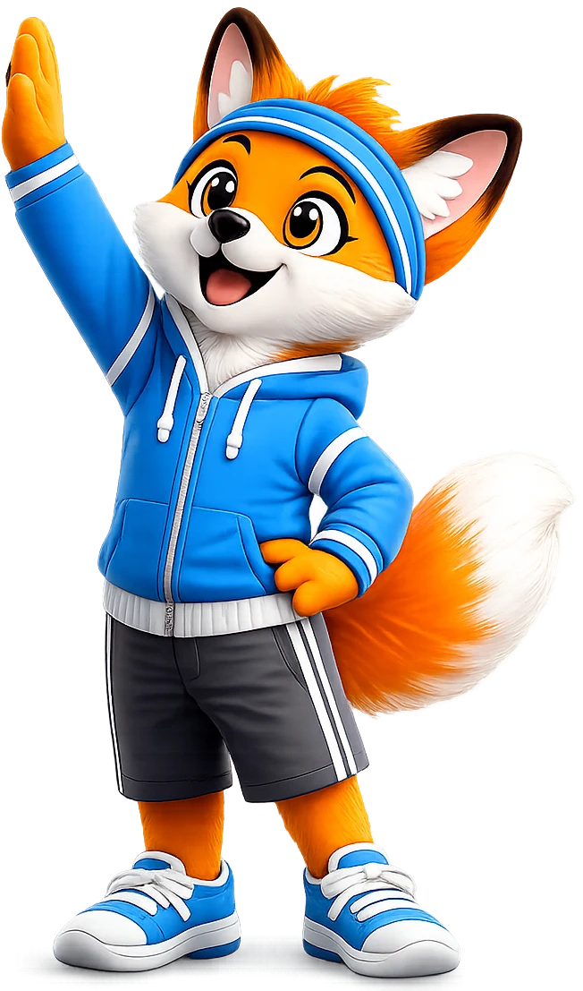Foxy, the FoxFit fox, raising a paw for a high-five