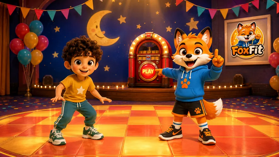 Foxy dancing with a child at a colourful night disco