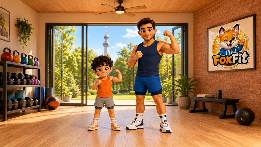 A dad and his son warming up with Foxy at home