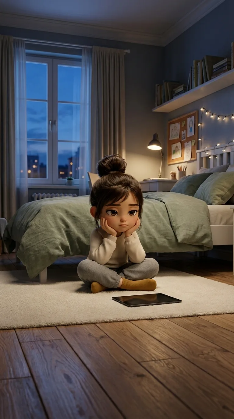A child sitting alone on the floor of a dark bedroom, a tablet lying in front of her