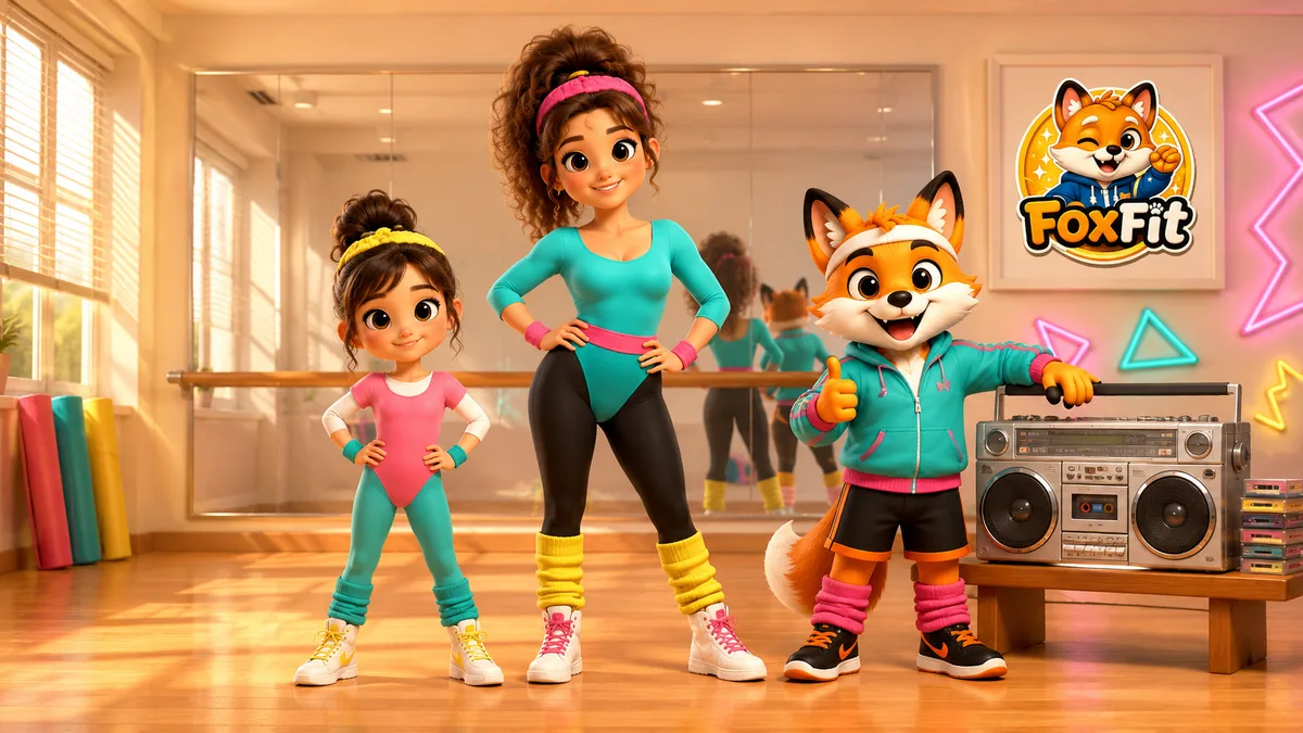 A mum and her daughter doing aerobics side by side with Foxy in a retro dance studio