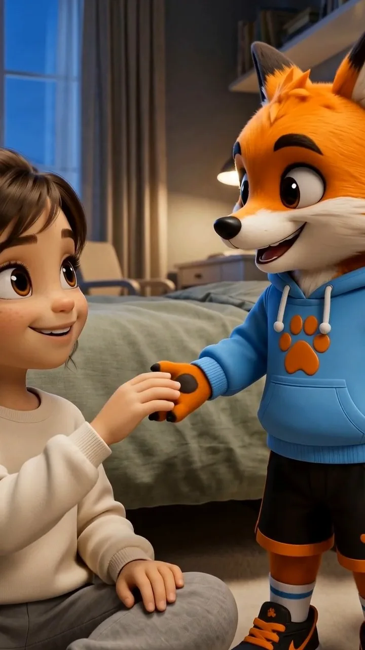 Foxy reaching out a paw to a smiling child
